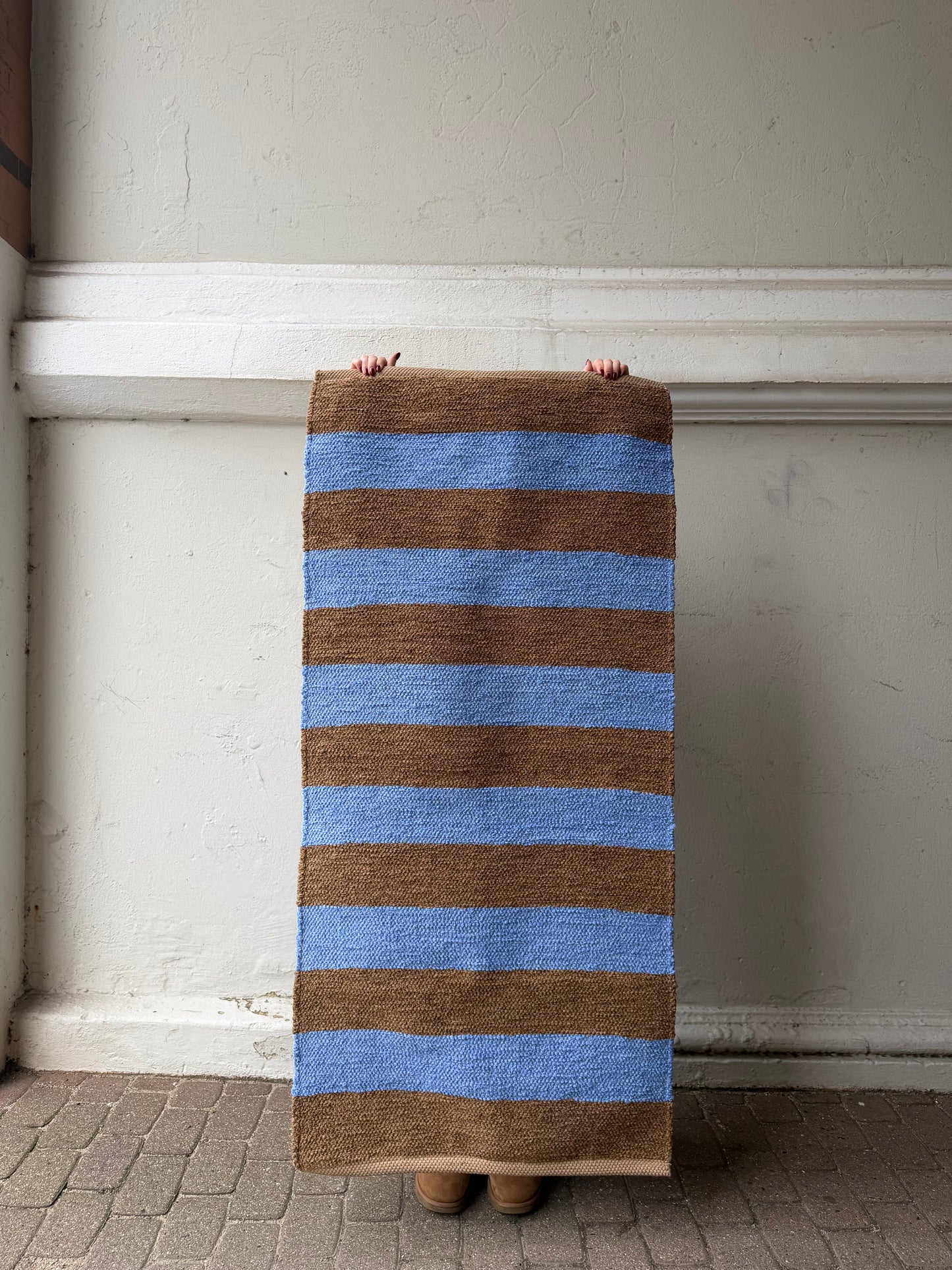 Teppich "BARRA" gestreift Chocolate & Blue - Handmade in Portugal 🇵🇹 I 70x140